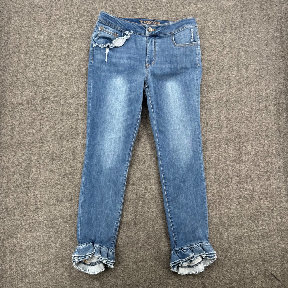 Women With Control My Wonder Denim Ruffle Hem Distressed Skinny Jeans Blue 8
